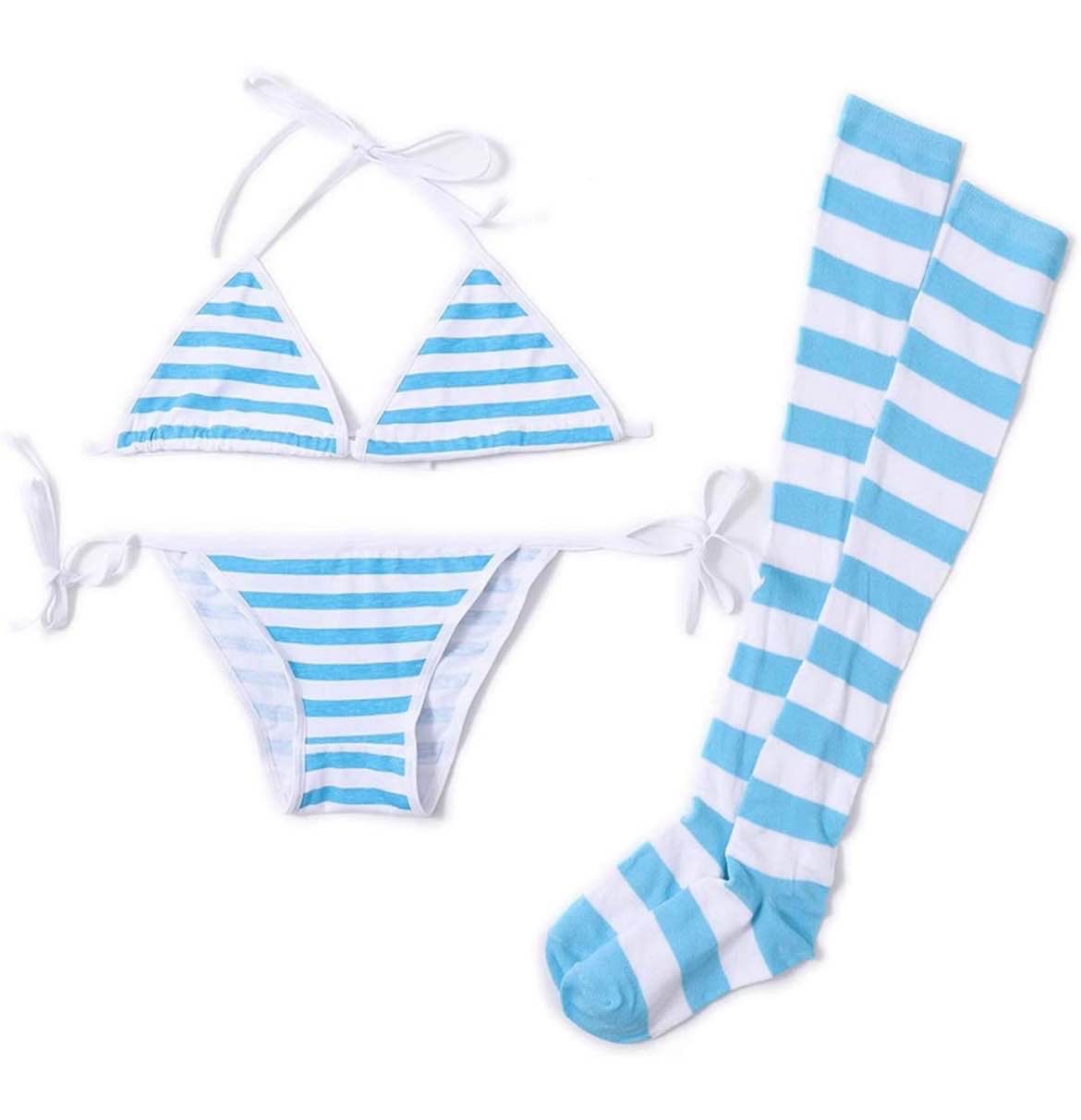 3 PCS Sexy Japanese Cute Anime Lingerie Set for Women with Striped Thigh High Socks Bikini Blue : Amazon.co.uk: Fashion