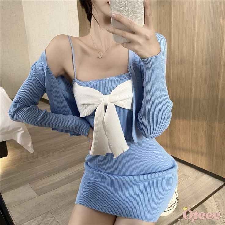 Spaghetti Strap Knit Mini Bodycon Dress + Cropped Cardigan