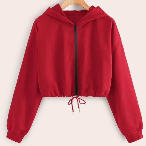 Solid Zip Up Hooded Crop Sweatshirt