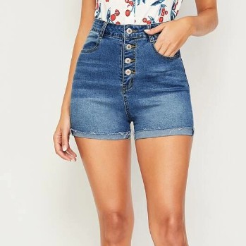 Button Front Cuffed Hem Denim Shorts