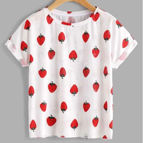 Allover Strawberry Print Frayed Dot Tee