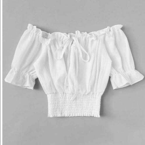 Off Shoulder Tie Front Shirred Crop Top