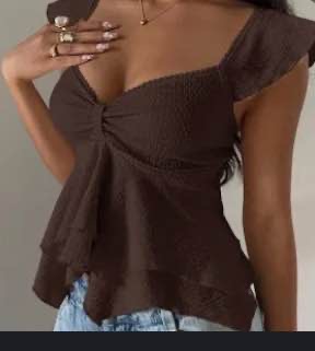extured Knit Ruffle Hem Sweetheart Neck Puff Sleeve Elegant T-Shirt, Rave Top Ruffle Top Brown Top Women Chocolate Brown Top