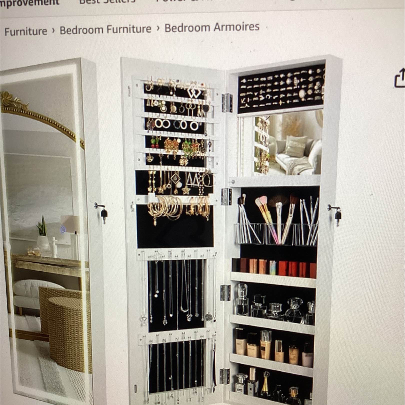 Becko, US three colour LED jewellery armoire with mirror, lights, jewellery cabinet jewellery cabinet, Lockport jewellery armoire organizer with full length mirror wall/door mounted 47.2×14.57×3.9 in white.