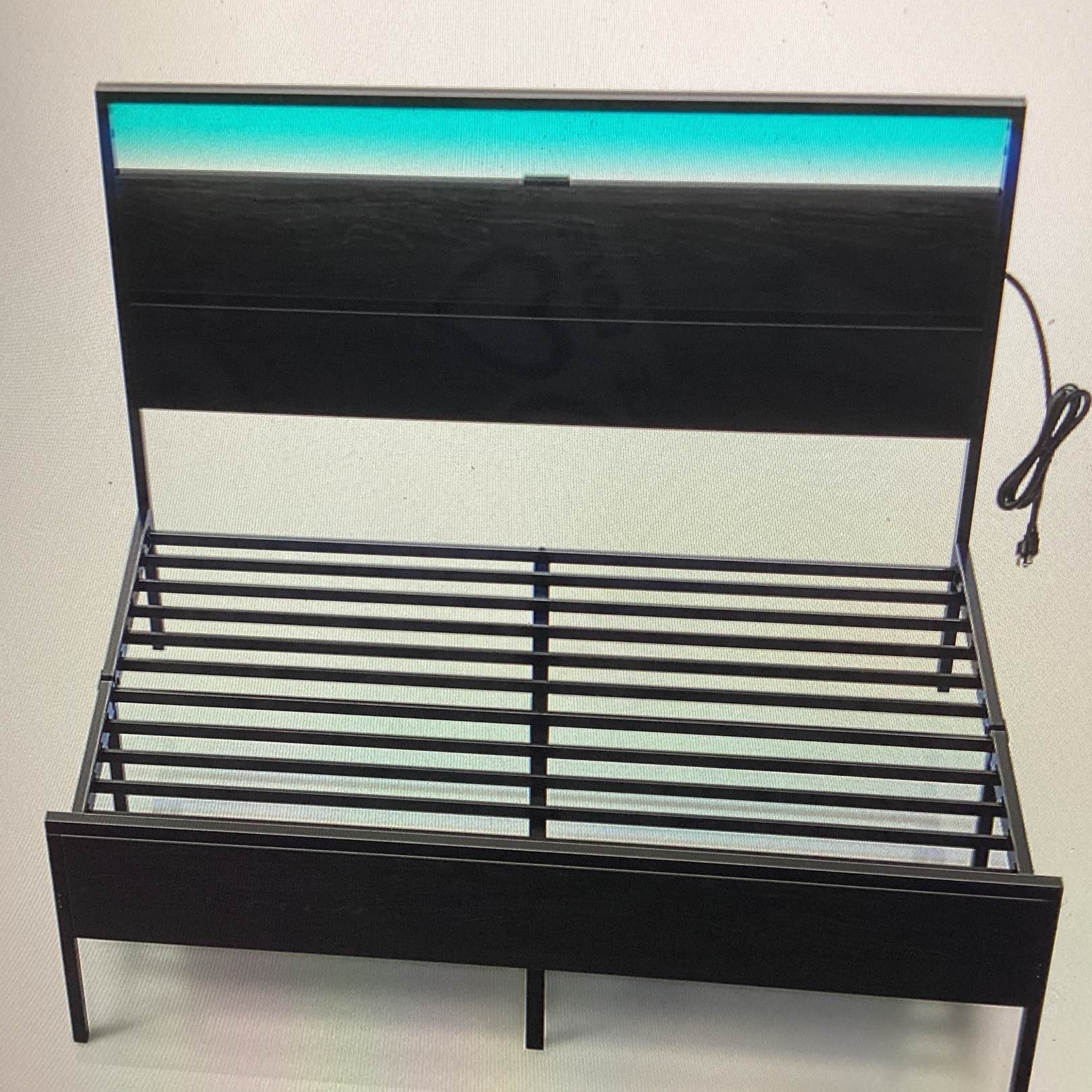 Rolling star, bed frame with USB charging station for bed frame with LED lights headboard platform bed with strong matter slats under bed storage clearance no boxspring, needed noise free