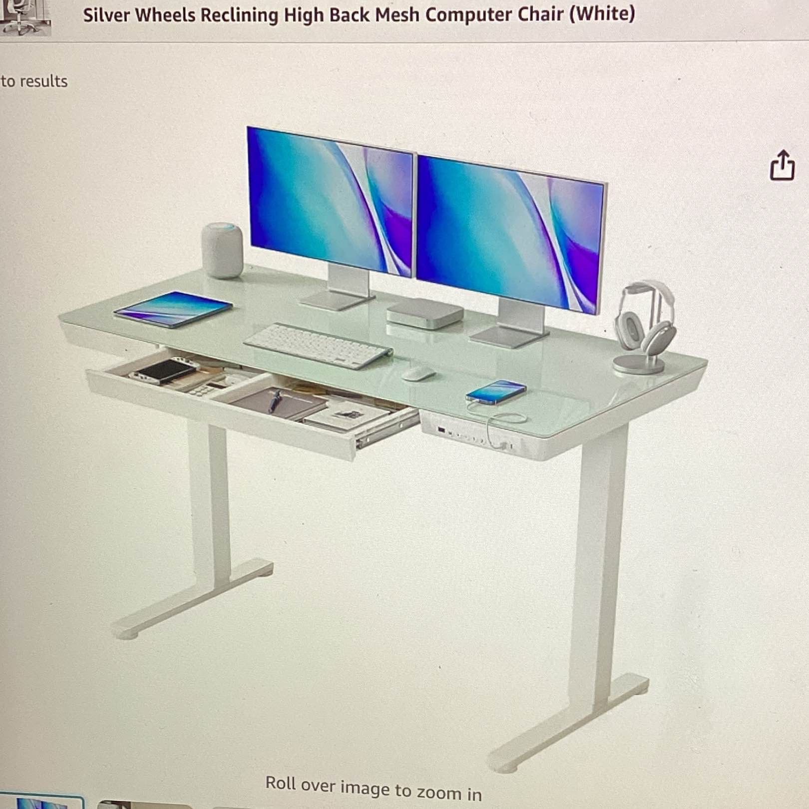 FEZIBO height of justable electric standing desk, 48 inch sit stand desk with drawers built in USB, charging port and programmable memory settings, whole piece, glass table, top white
