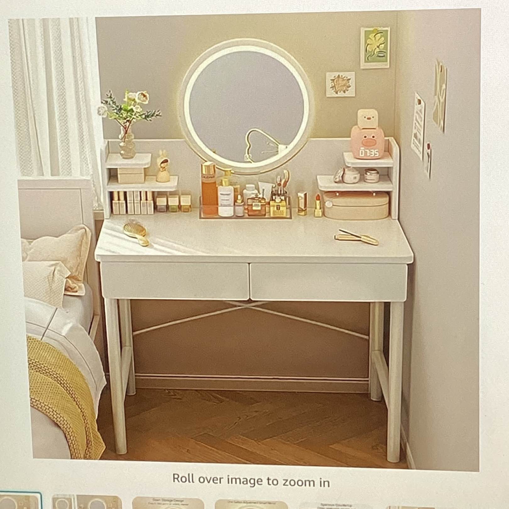 White vanity desk with mirror and lights, three lighting mode modern dressing, table with drawers, makeup vanity table for bedroom