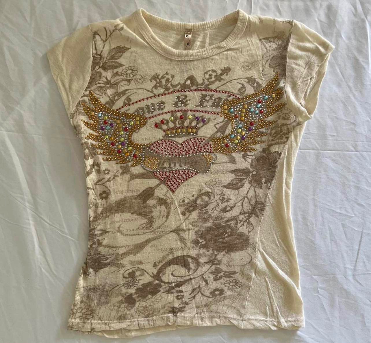 Vintage Mall Goth Heart Angel Wings Bedazzled Y2K Top
