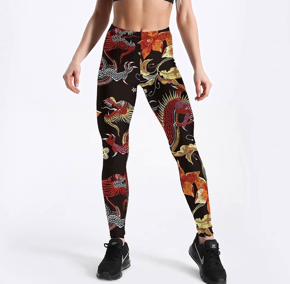 Oriental Dragon Embroidery Printed Leggings