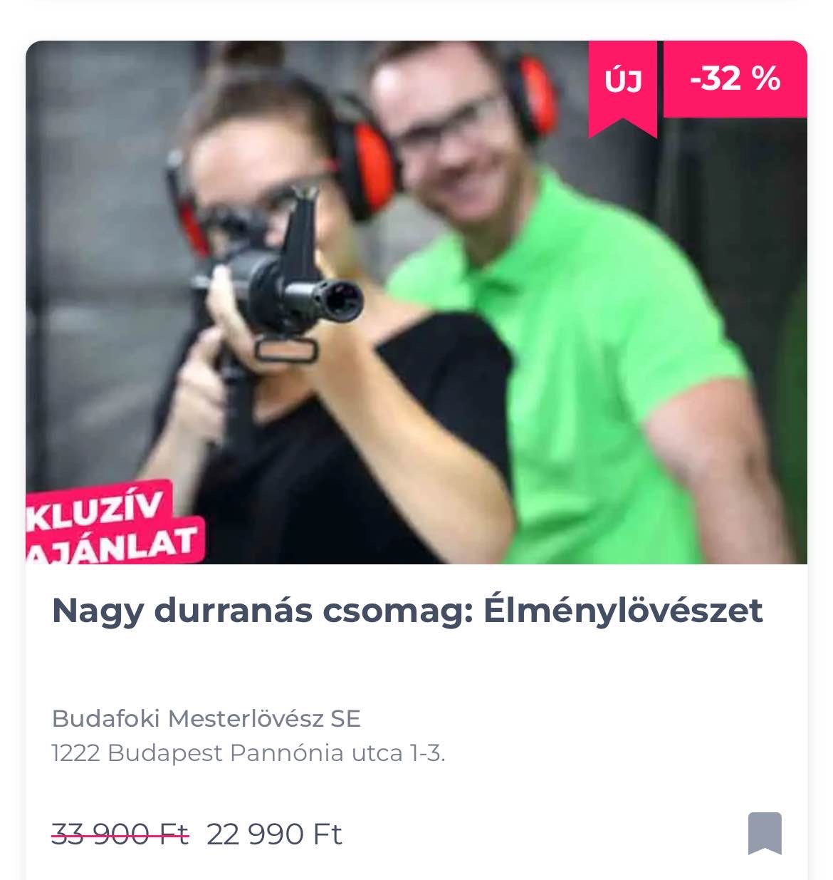 Nagy durranás csomag: Élménylövészet Budafoki Mesterlövész SE 1222 Budapest Pannónia utca 1-3.