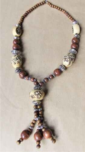 NECKLACE PENDANT in carved BONE with wood ethnic craftsmanship nATURE