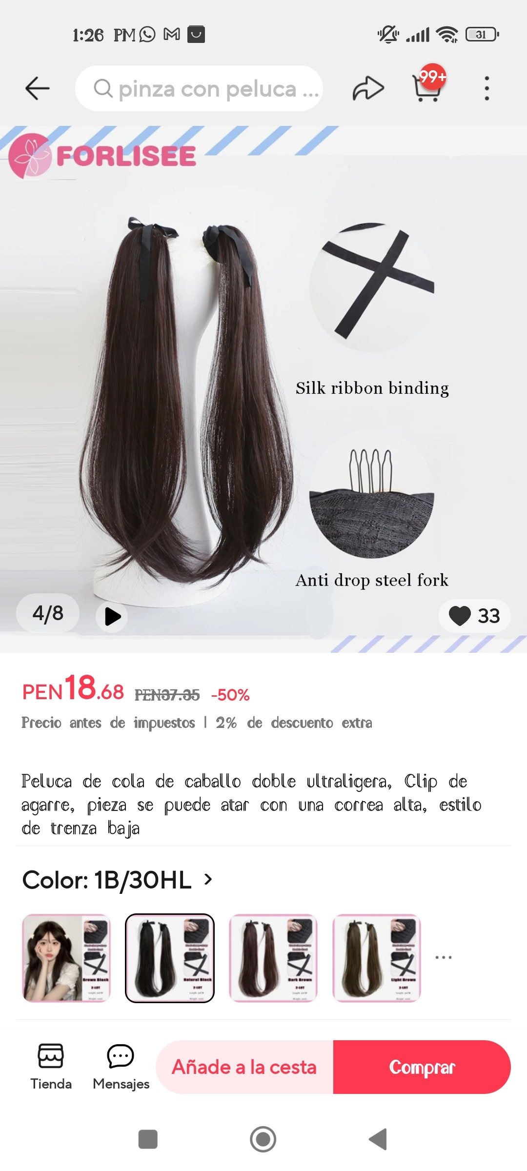 2pcs Ponytail Wig Tie up-Long Straight Hair Extension Cosplay Twin-tail Cute Pony Tail Pig Tails Hairstyle 26" Black Brown
