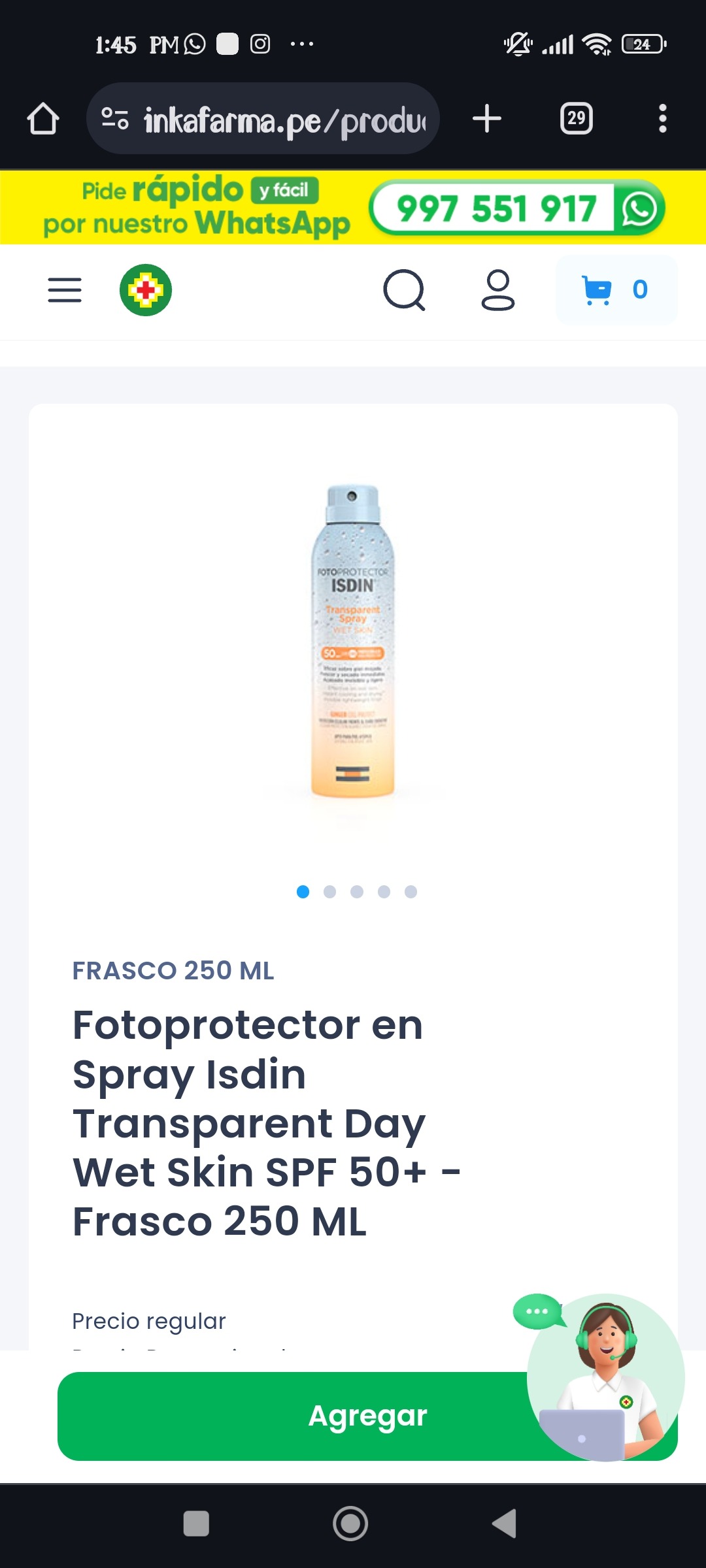 Fotoprotector en Spray Isdin Transparent Day Wet Skin SPF 50+ Frasco 250 ML