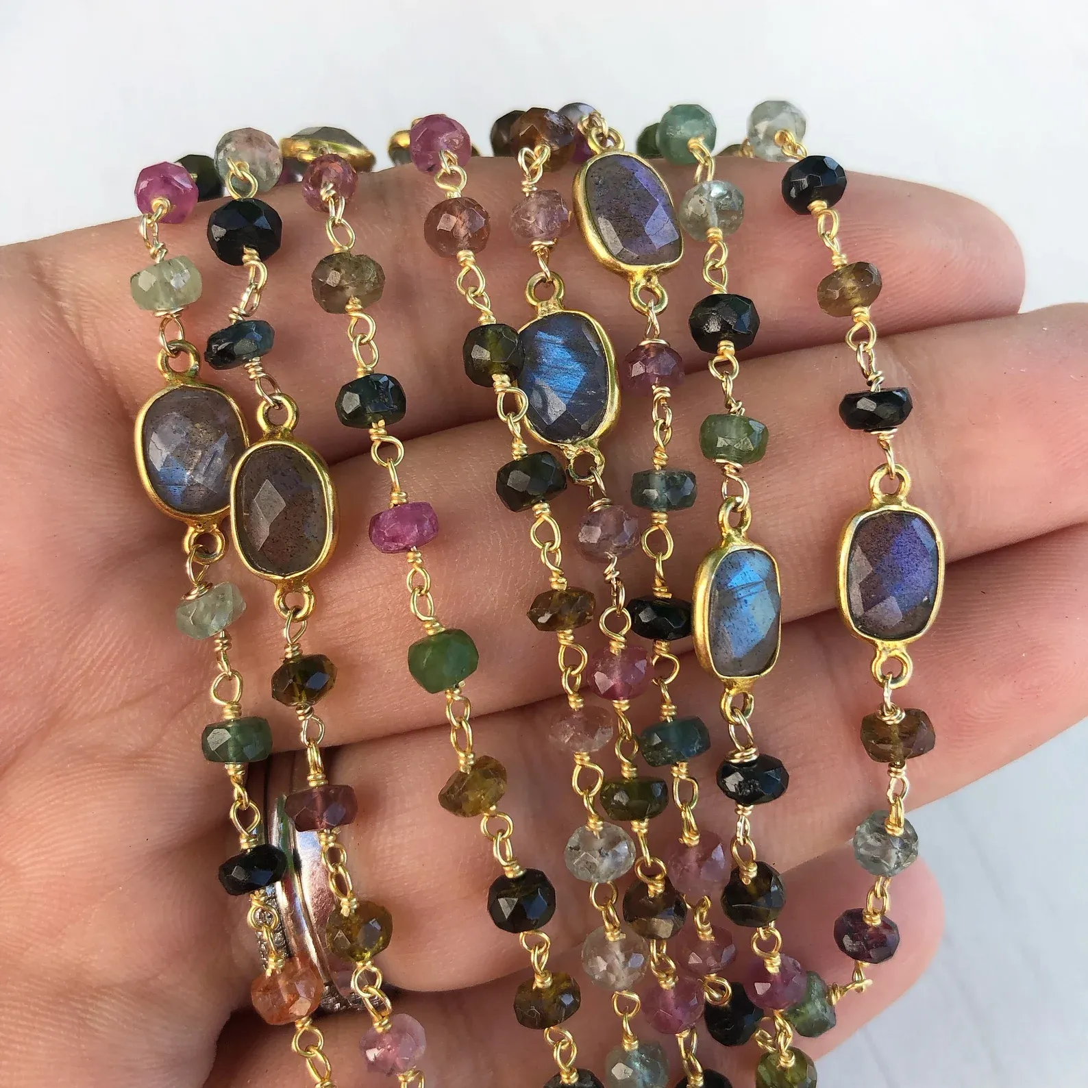 Watermelon Tourmaline Long Beaded Necklace, Gold Filled