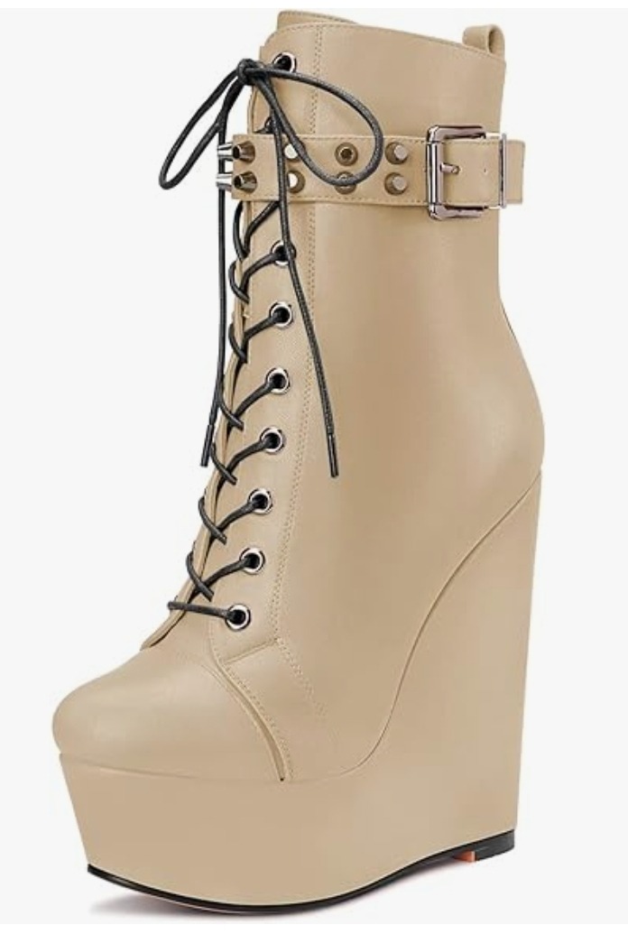 Castamere Women High Wedge Platform Heel Round Toe Ankle Boots Short Bootie Lace-up Zipper Boots
