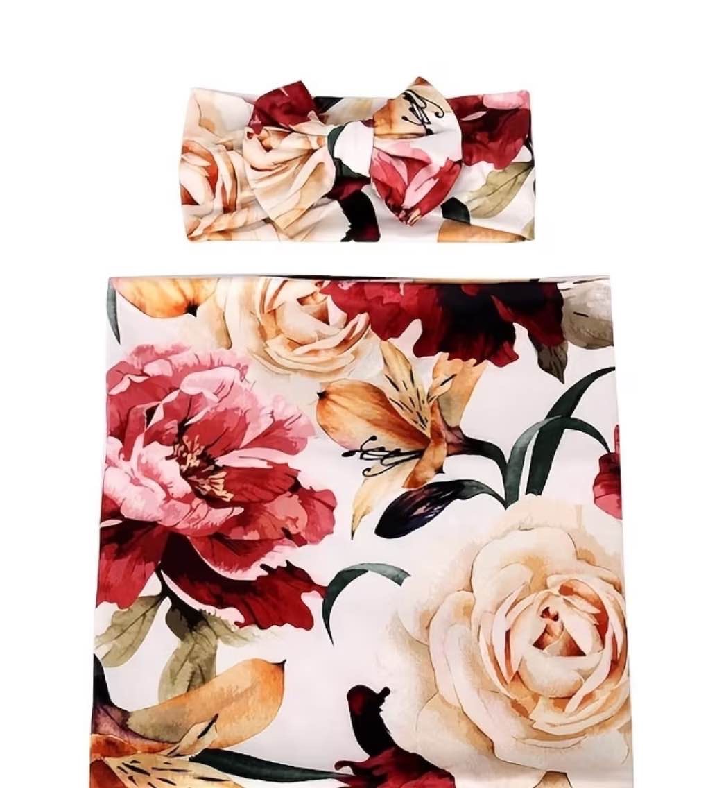 Soft & Cozy Floral Wrap and Headband Set, Polyester Blend All-Season