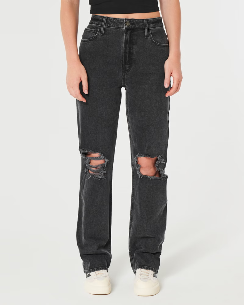 ULTRA HIGH-RISE RIPPED WASHED BLACK DAD JEANS