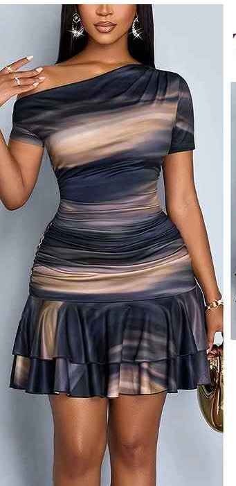 WDIRARA Women's Tie Dye One Shoulder Asymmetrical Short Sleeve Layered Ruffle Mini Dress