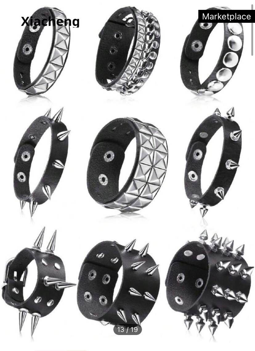 9 Pieces Spiked Studded Bracelet Black Leather Rivet Punk Bracelet Cuff Wrap Bangle Snap Button Metal Wristband For Men Women