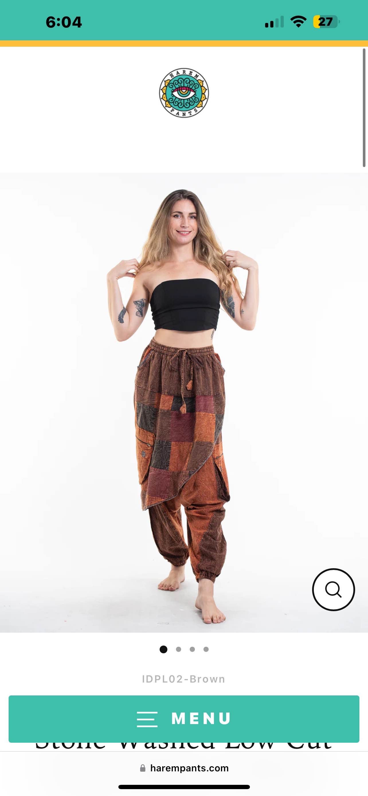 Women's Patchwork Stone Washed Low Cut Cotton Pants in Brown 02