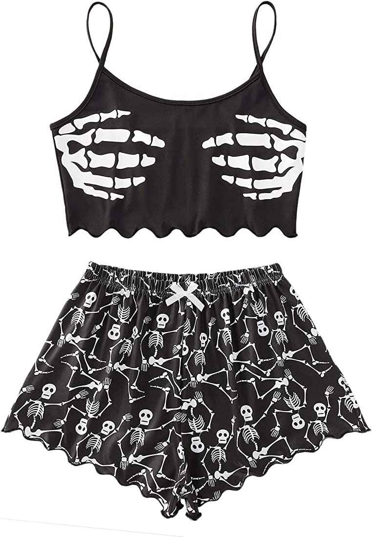 Cute Cartoon Print Lettuce Trim Cami Top and Shorts Cute Pajama Set Sleepwear