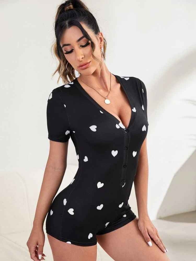 Heart Print Half Button Sleep Romper