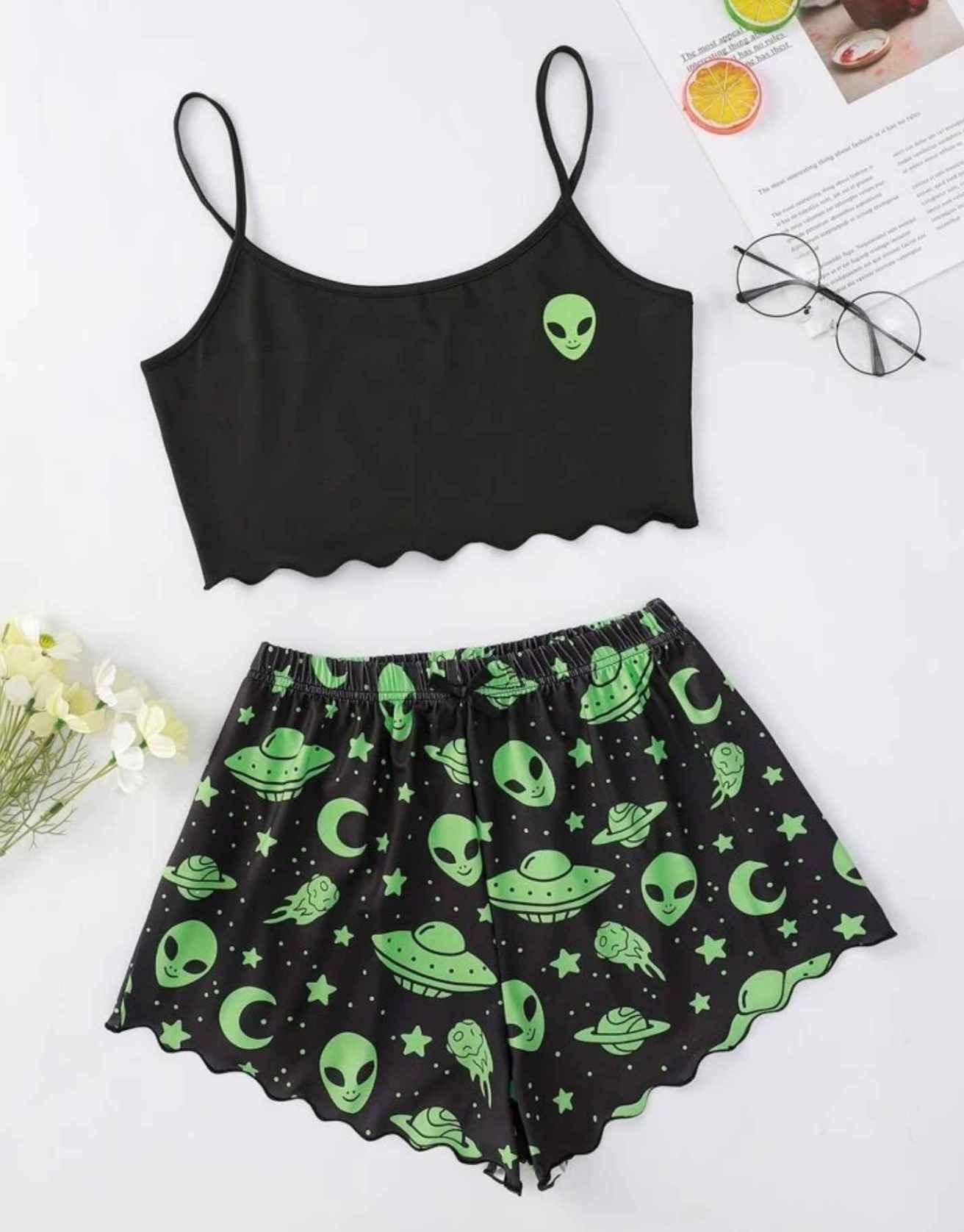 Alien & Star Print Lettuce Trim Cami PJ Set
