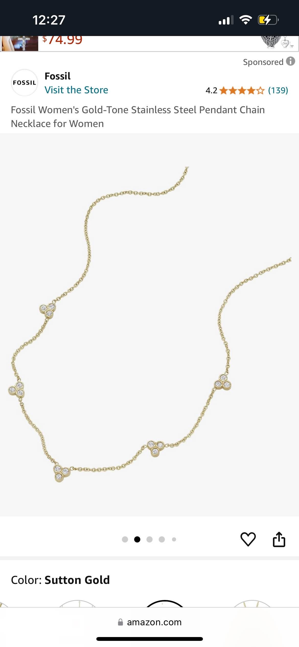 Fossil Women's Gold-Tone Stainless Steel Pendant Chain Necklace for Women