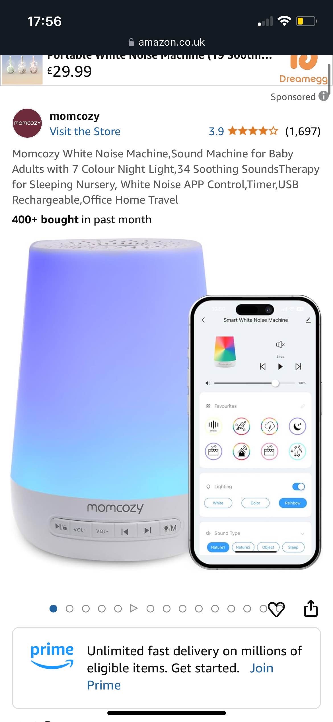 Momcozy White Noise Machine,Sound Machine for Baby Adults with 7 Colour Night Light,34 Soothing SoundsTherapy for Sleeping Nursery, White Noise APP Control,Timer,USB Rechargeable,Office Home Travel