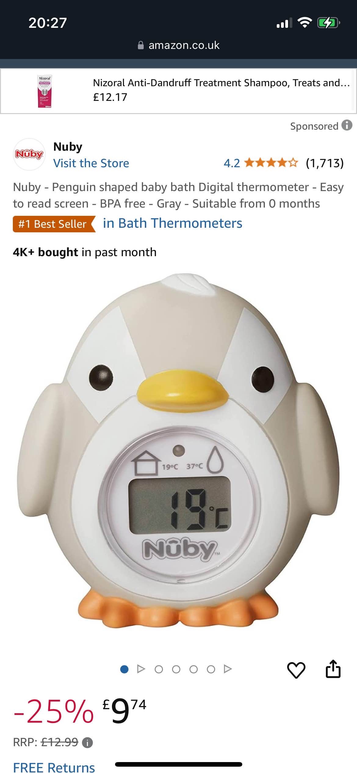 Nuby - Penguin shaped baby bath Digital thermometer - Easy to read screen - BPA free - Gray - Suitable from 0 months