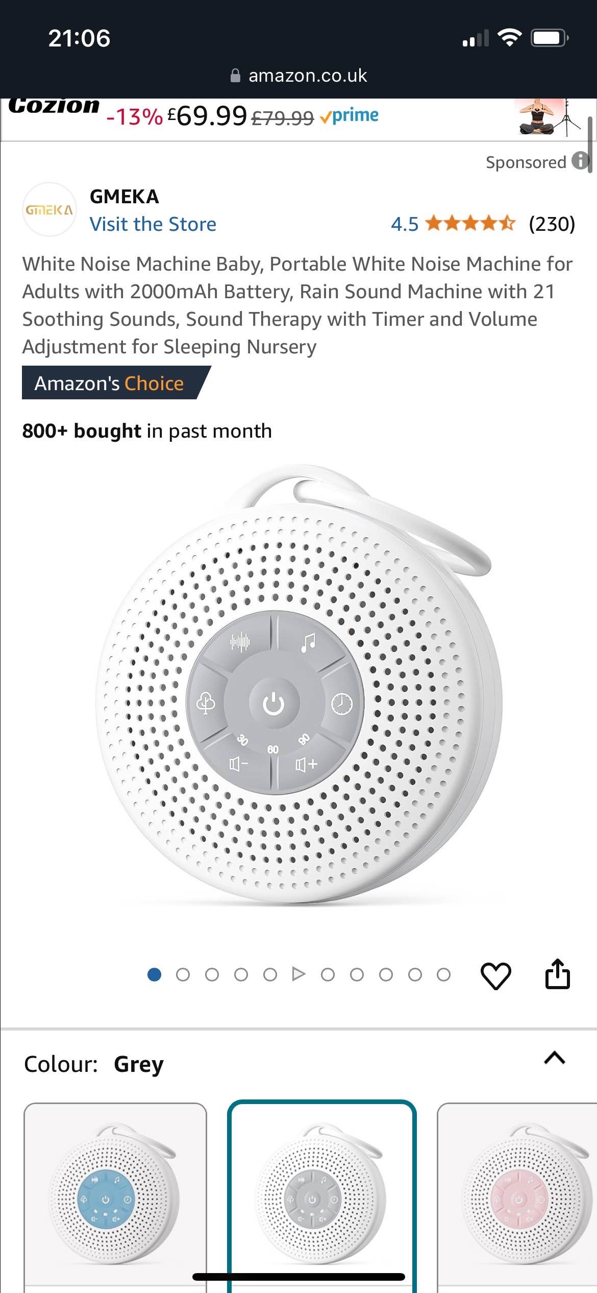 White Noise Machine Baby, Portable White Noise Machine for Adults with 2000mAh Battery, Rain Sound Machine with 21 Soothing Sounds, Sound Therapy with Timer and Volume Adjustment for Sleeping Nursery