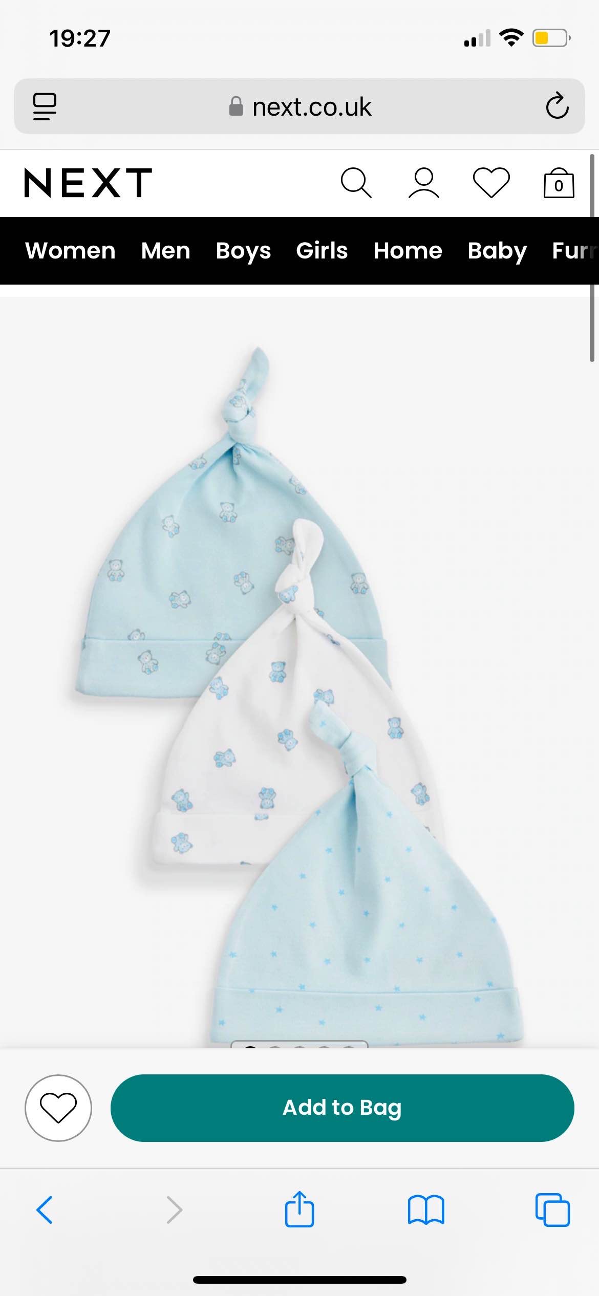 Blue/White Bear Baby Tie Top 100% Cotton Hats 3 Pack (0-12mths)