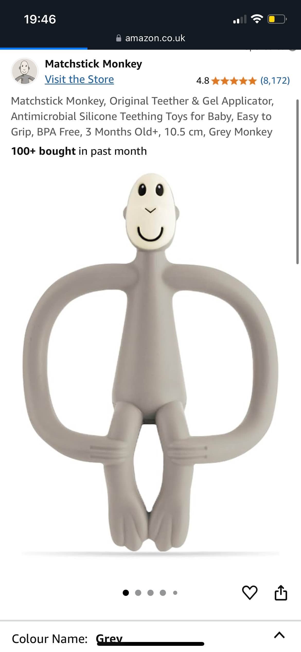 Matchstick Monkey, Original Teether & Gel Applicator, Antimicrobial Silicone Teething Toys for Baby, Easy to Grip, BPA Free, 3 Months Old+, 10.5 cm, Grey Monkey