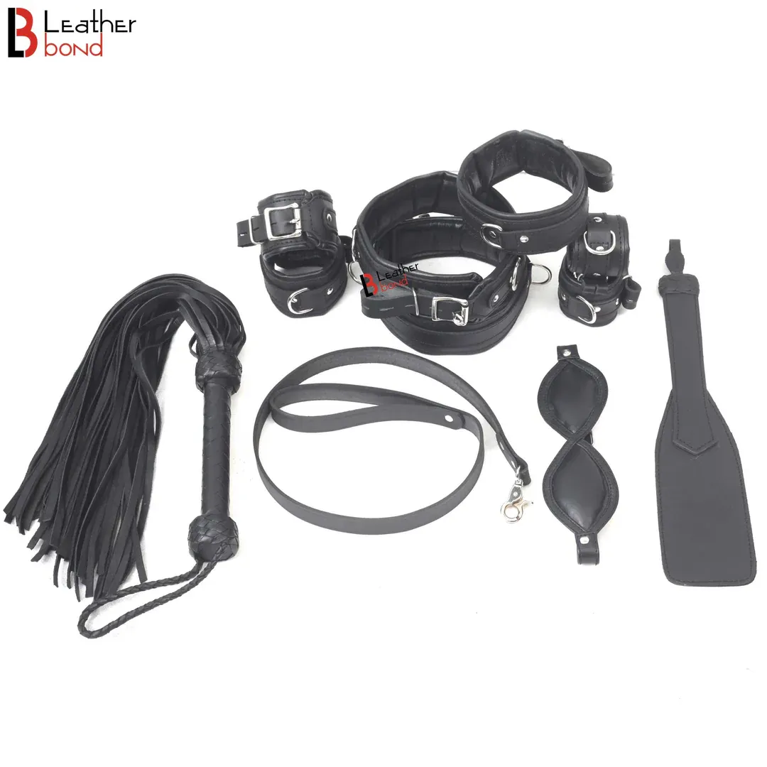 11-Piece Cowhide Leather Bondage Kit Collar, Ankle & Wrist Cuffs, Hogties, Leash & Connectors | Couples BDSM Set
