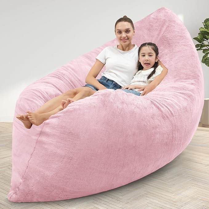 HABUTWAY 4 in 1 Bean Bag Chair, Giant Memory Foam Filling Bean Bag Sofa, Adult Bean Bag Chair, Machine Washable Faux Fur Cover, Bean Bag for Adult (Faux Fur-Pink)