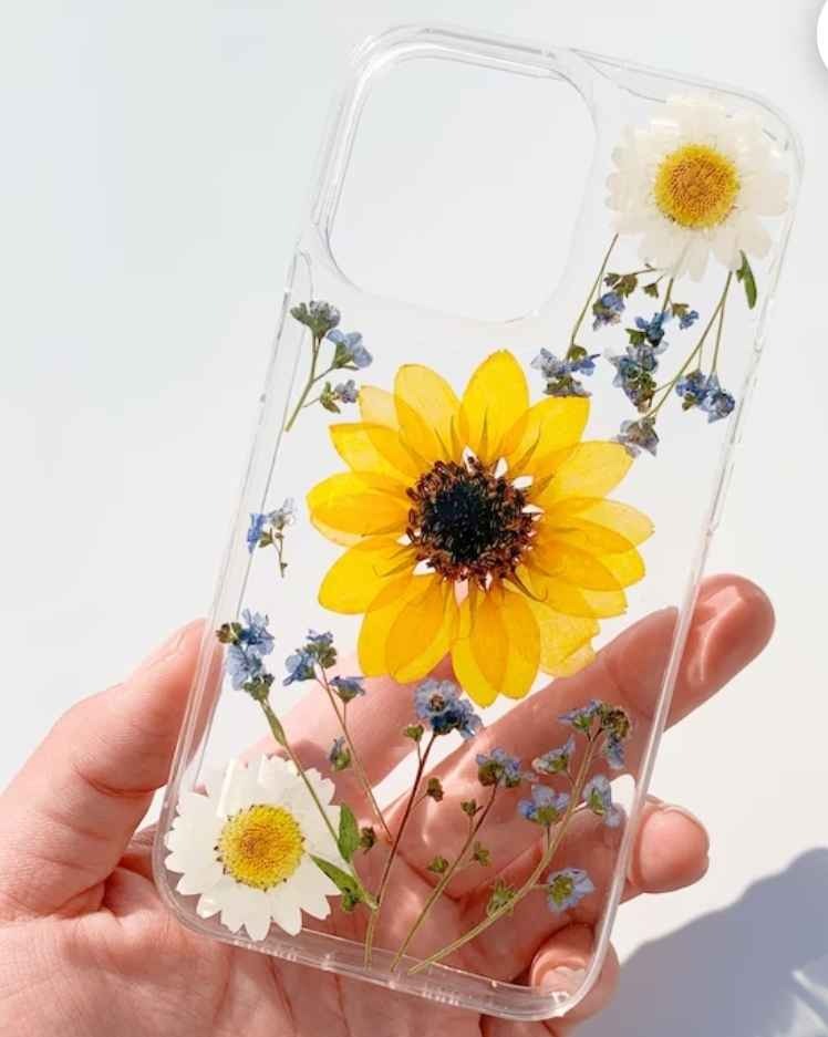 Pressed real sunflower phone case,iphone 11 12 13 pro max 7 8 plus X XS XR dried floral case,Samsung note10 S20 S21 handmade flower case