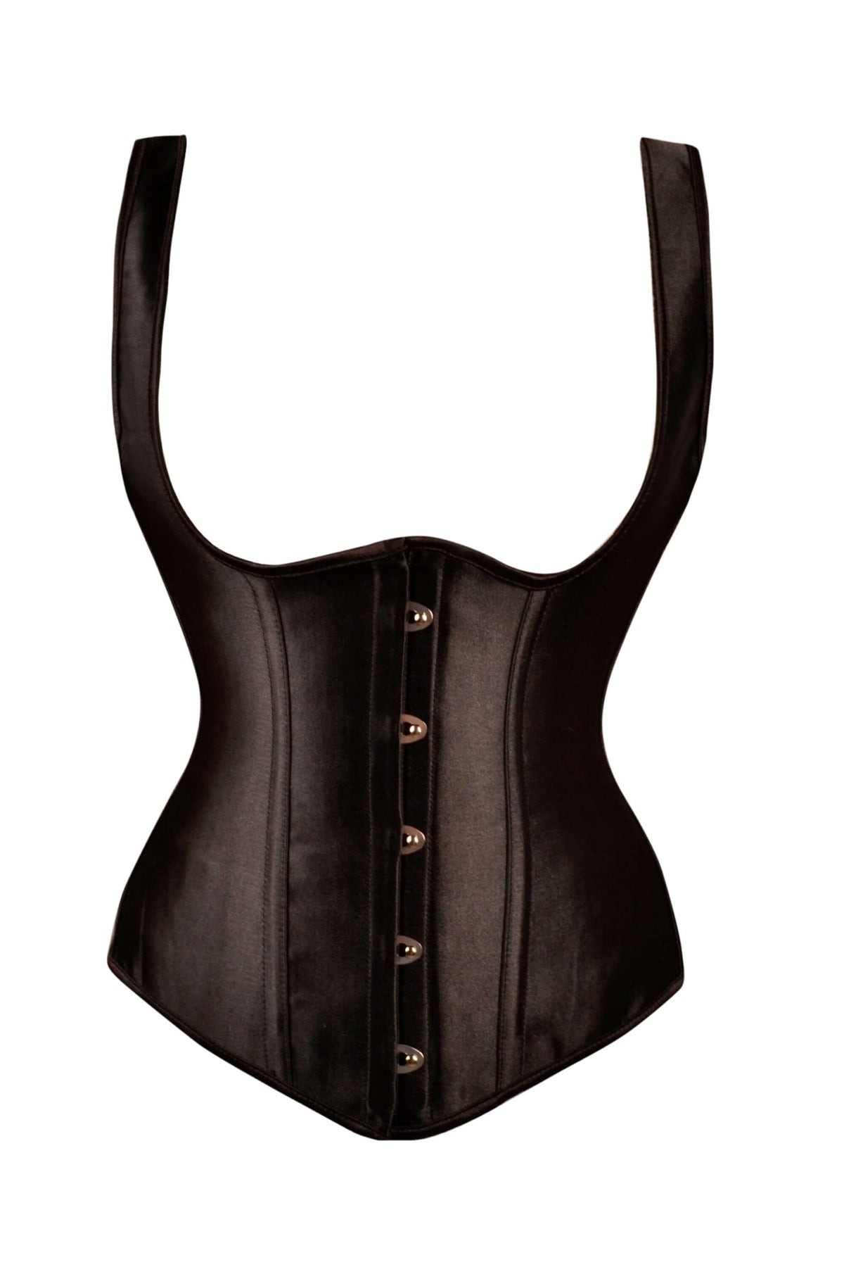 Corsetto sottoseno con spalline in nero, alto sul retro