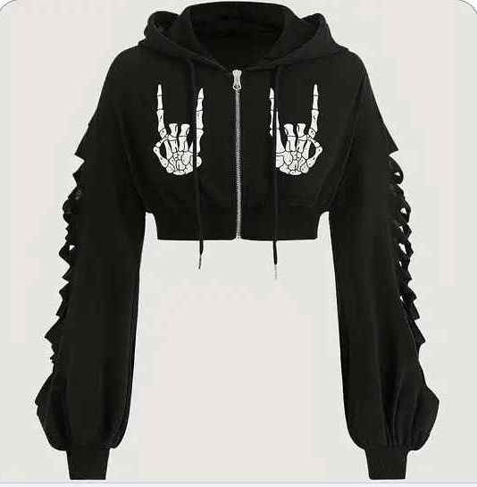 Skeleton Skull Graphic Print Hoodie Drop Shoulder Drawstring Sweatshirt Zipper Up Long Sleeve Crop Top