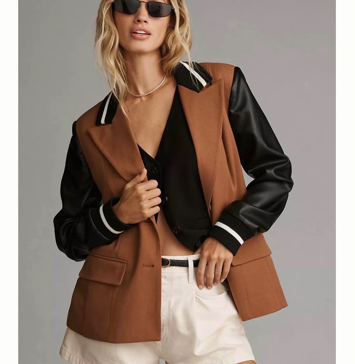 Avec Les Filles Mixed Fabric Blazer