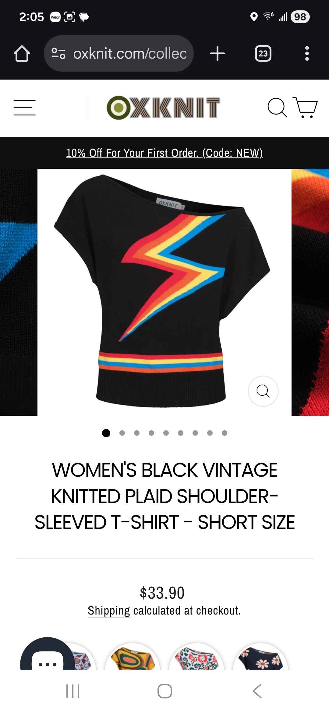 Women's black Vintage Knitted Plaid Shoulder-Sleeved T-Shirt - Short Size