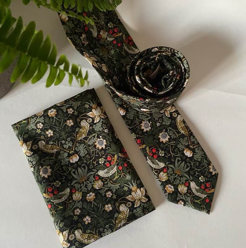 Liberty London Strawberry Thief Men's Tie and Pocket Square - William Morris Green