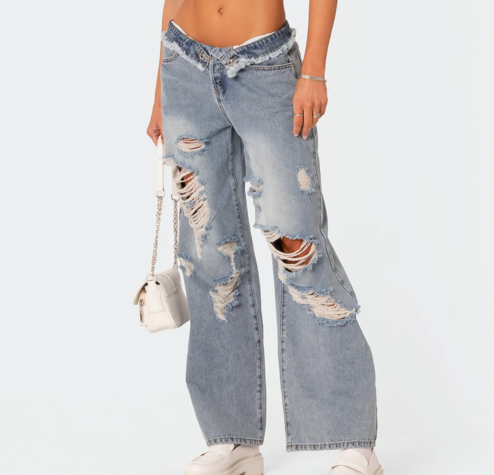 DISTRESSED FOLD OVER BOYFRIEND JEANS