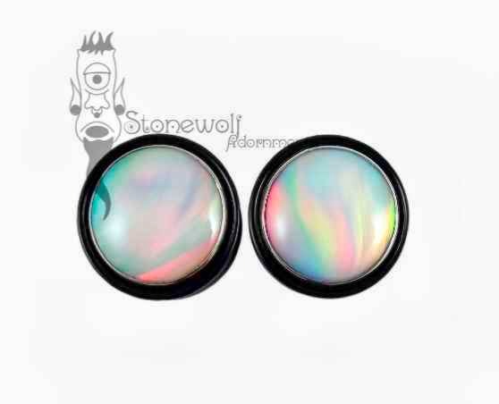 Pair of Delrin Plugs with Aurora Opal Inlay Made to Order : Stonewolf Adornments, - Bespoke Handmade Body Jewellery