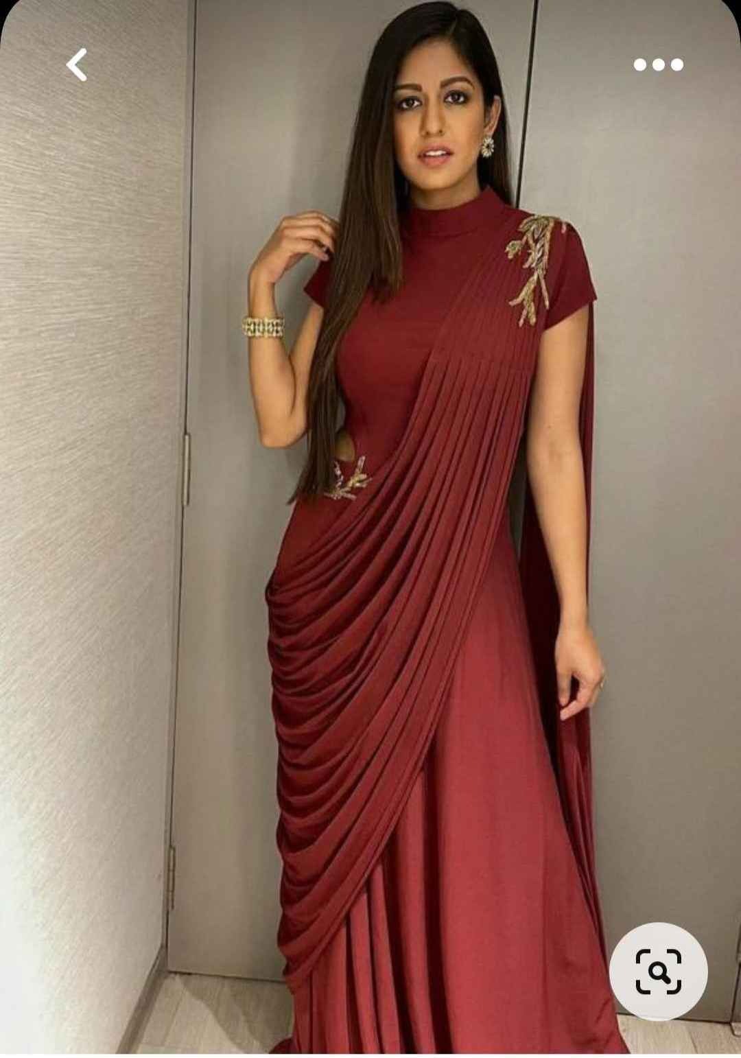 Bollywood style indo western maroon color saree designer party wear pre stitched half saree