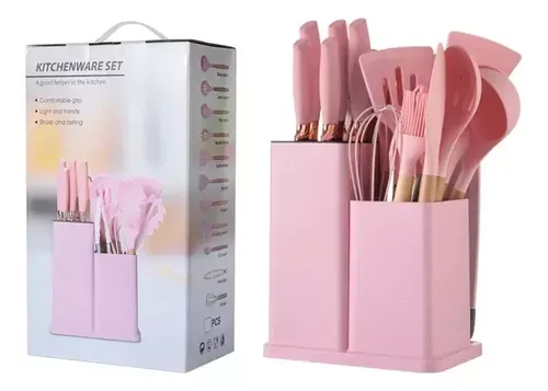 Set De 19 Utensilios De Cocina Mango Madera Punta Silicona