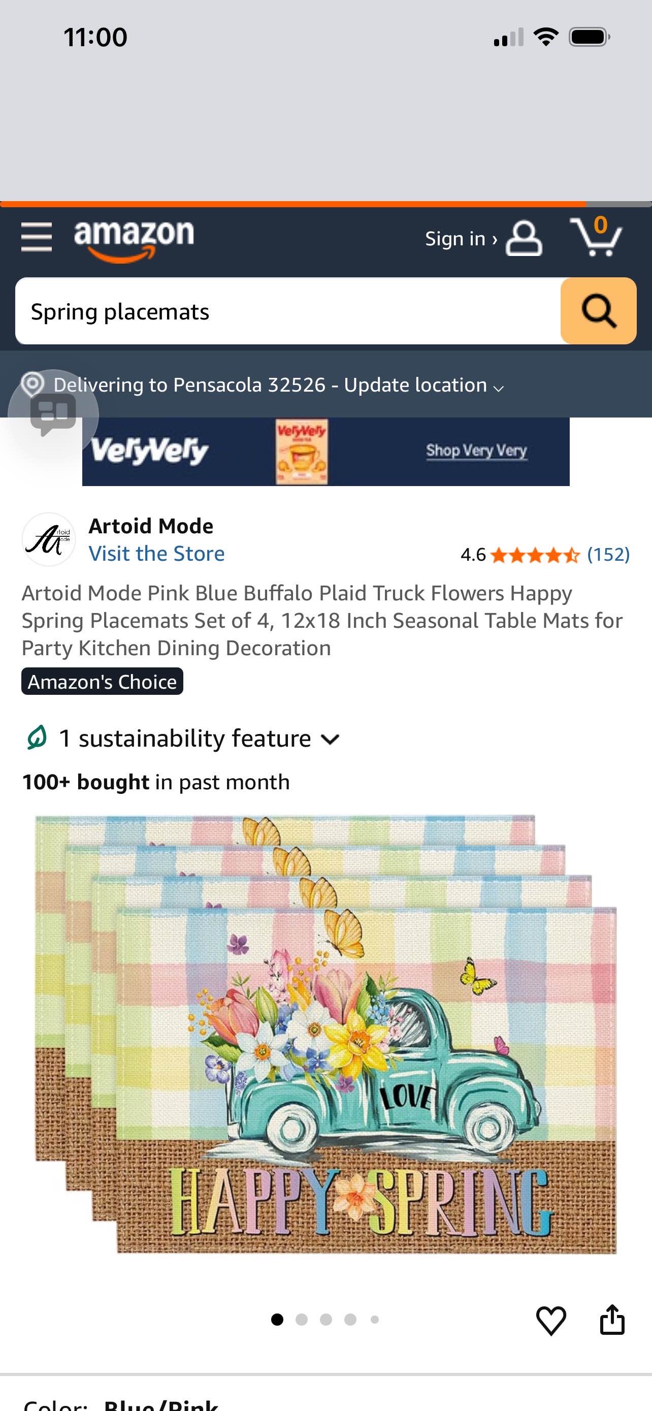 Artoid Mode Pink Blue Buffalo Plaid Truck Flowers Happy Spring Placemats Set of 4, 12x18 Inch Seasonal Table Mats for Party Kitchen Dining Decoration