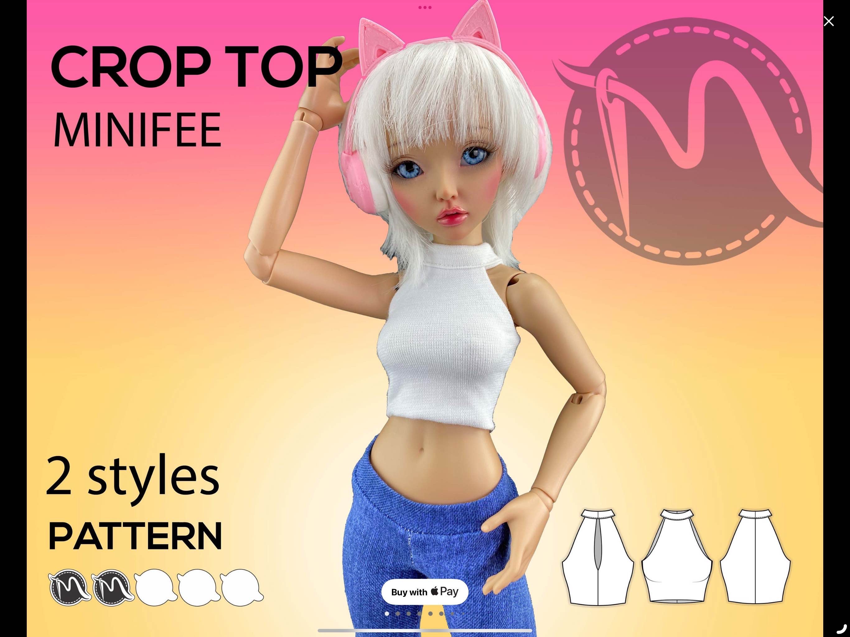 Crop Top for Minifee doll. Crop Top with closed and open back. Doll clothes patterns PDF.