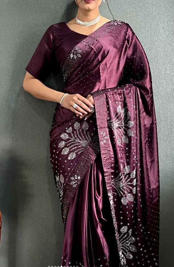 Wine Satin Readymade Saree