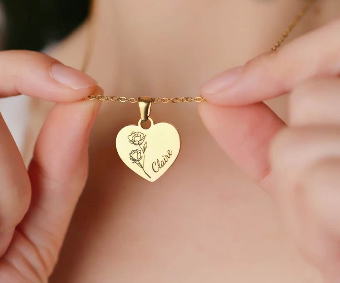 Personalized Heart Shaped Necklace with Engraved Rose Flower & Name Necklace