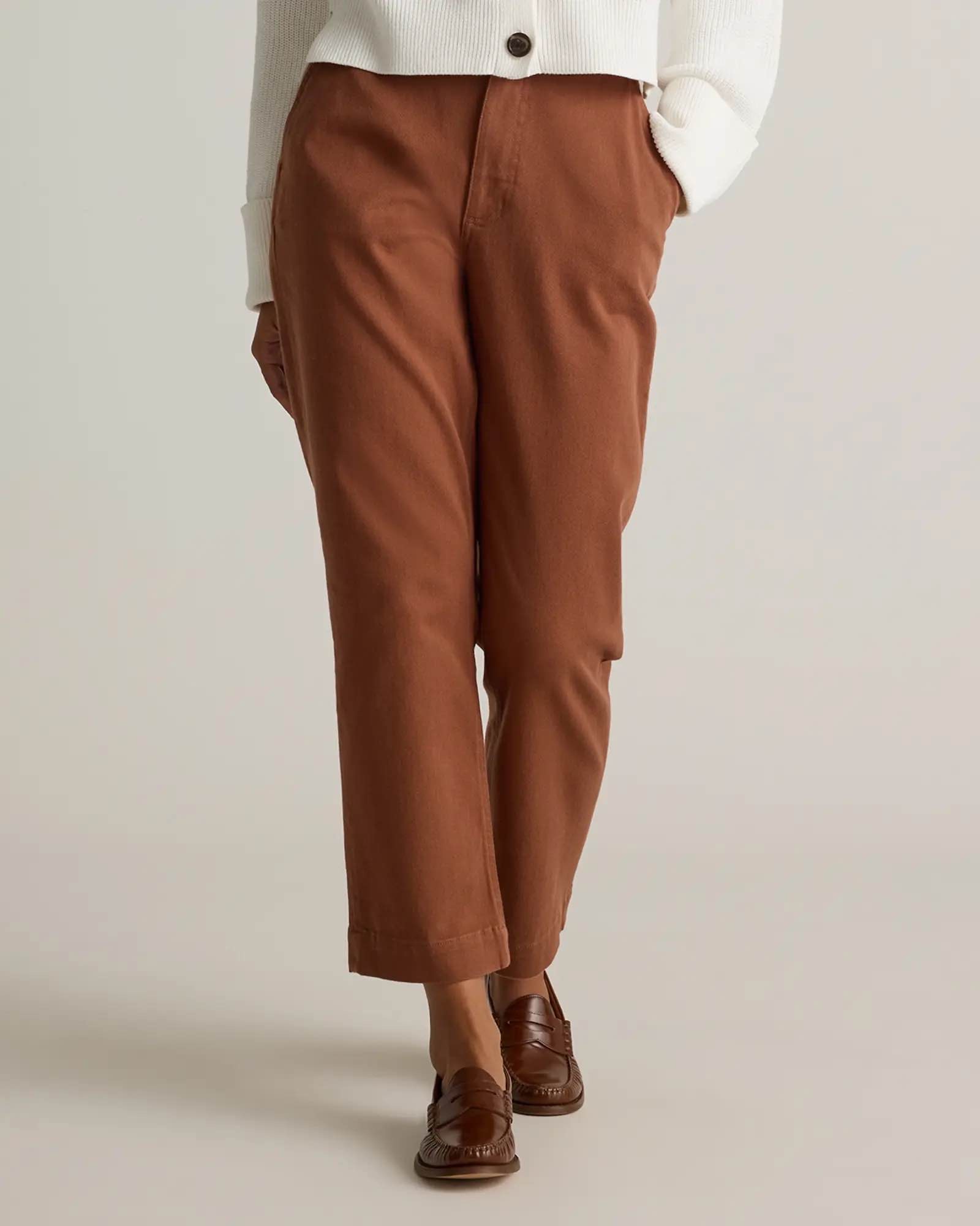 Organic Stretch Cotton Twill Straight Leg Cropped Pants - 28"